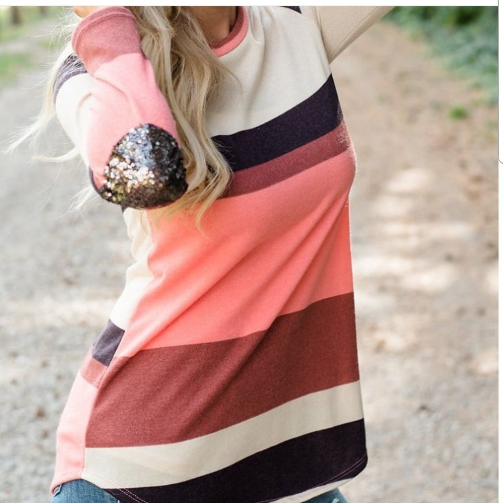 Striped top with sequined elbows